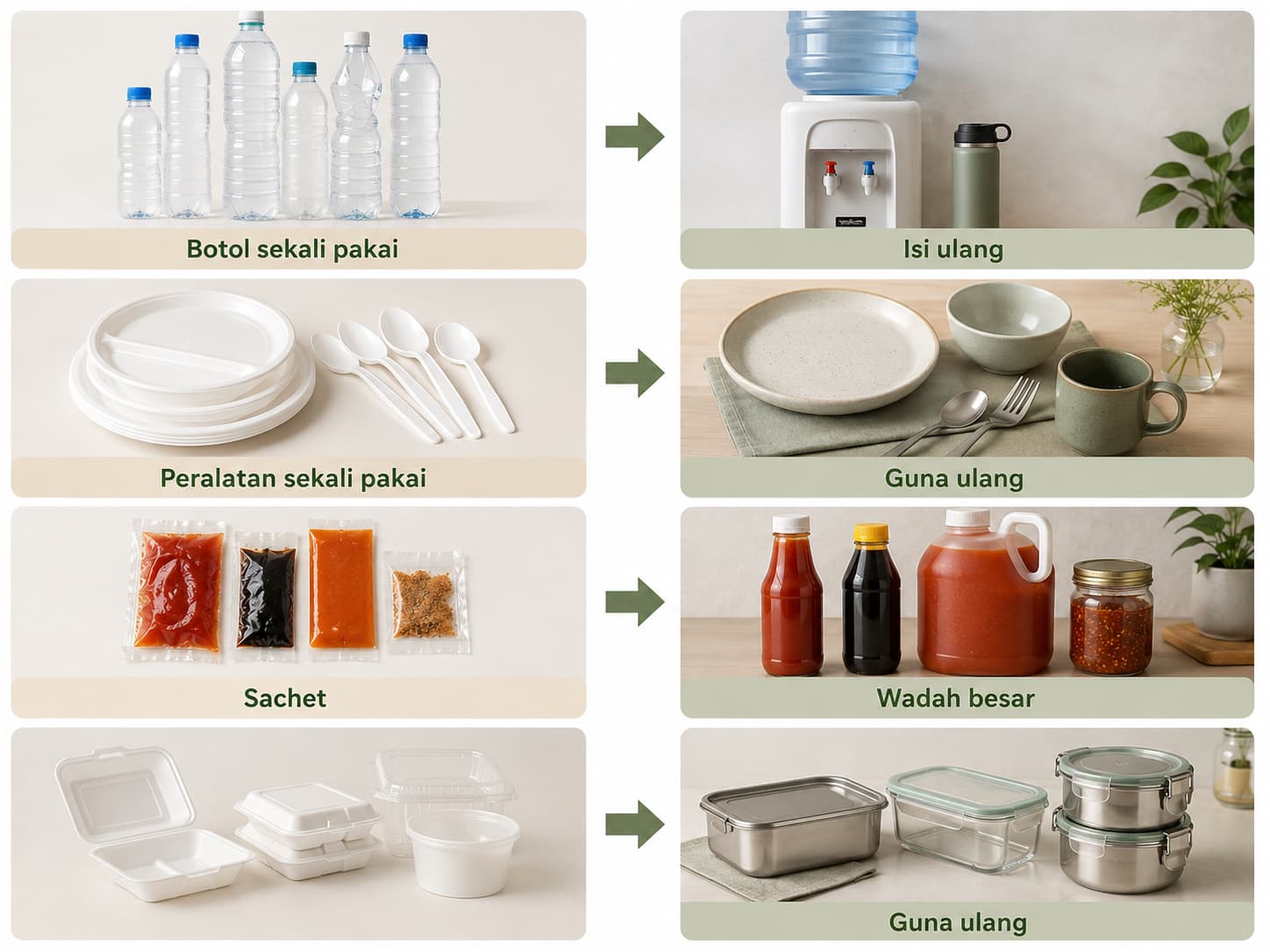 Contoh penggantian botol, alat makan, sachet, dan wadah sekali pakai dengan pilihan guna ulang saat acara