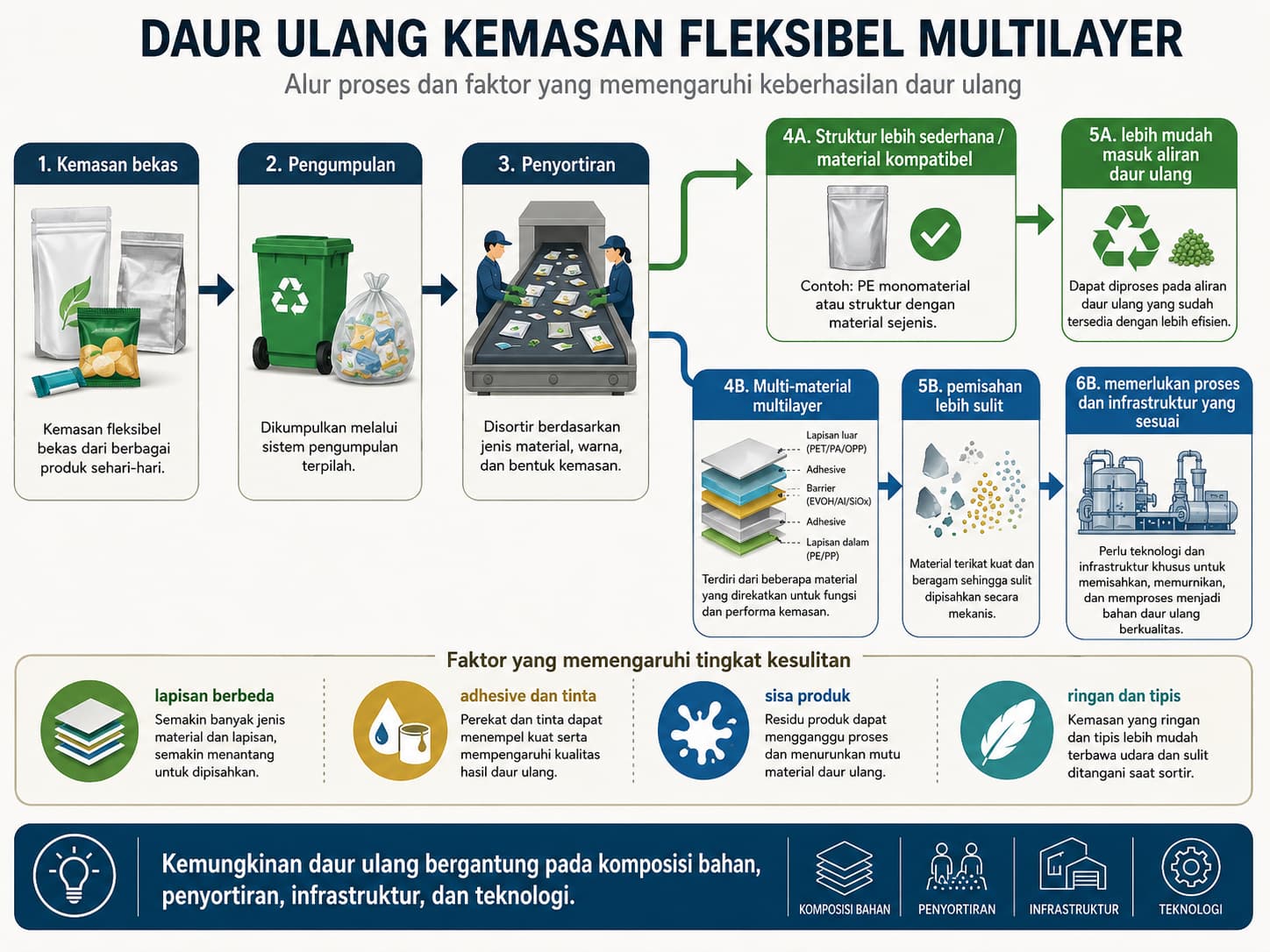 Alur daur ulang kemasan fleksibel dan faktor yang membuat struktur multilayer lebih sulit diproses