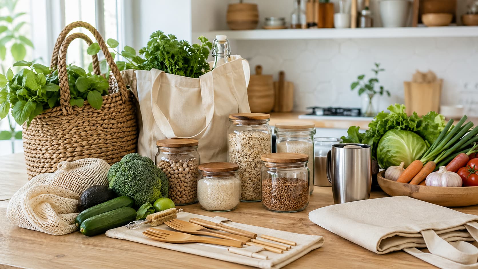Gaya hidup ramah lingkungan dengan tas pakai ulang, tumbler, wadah kaca, dan produk tanpa kemasan plastik