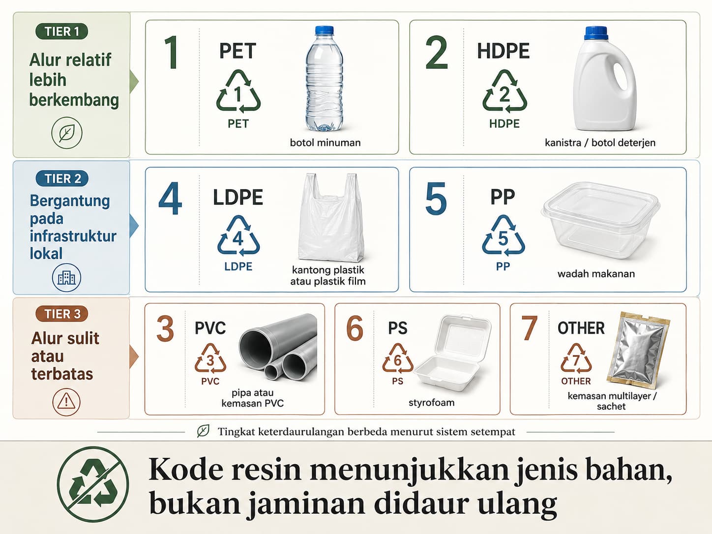 Jenis plastik PET, HDPE, PVC, LDPE, PP, PS dan OTHER serta perbedaan jalur daur ulangnya