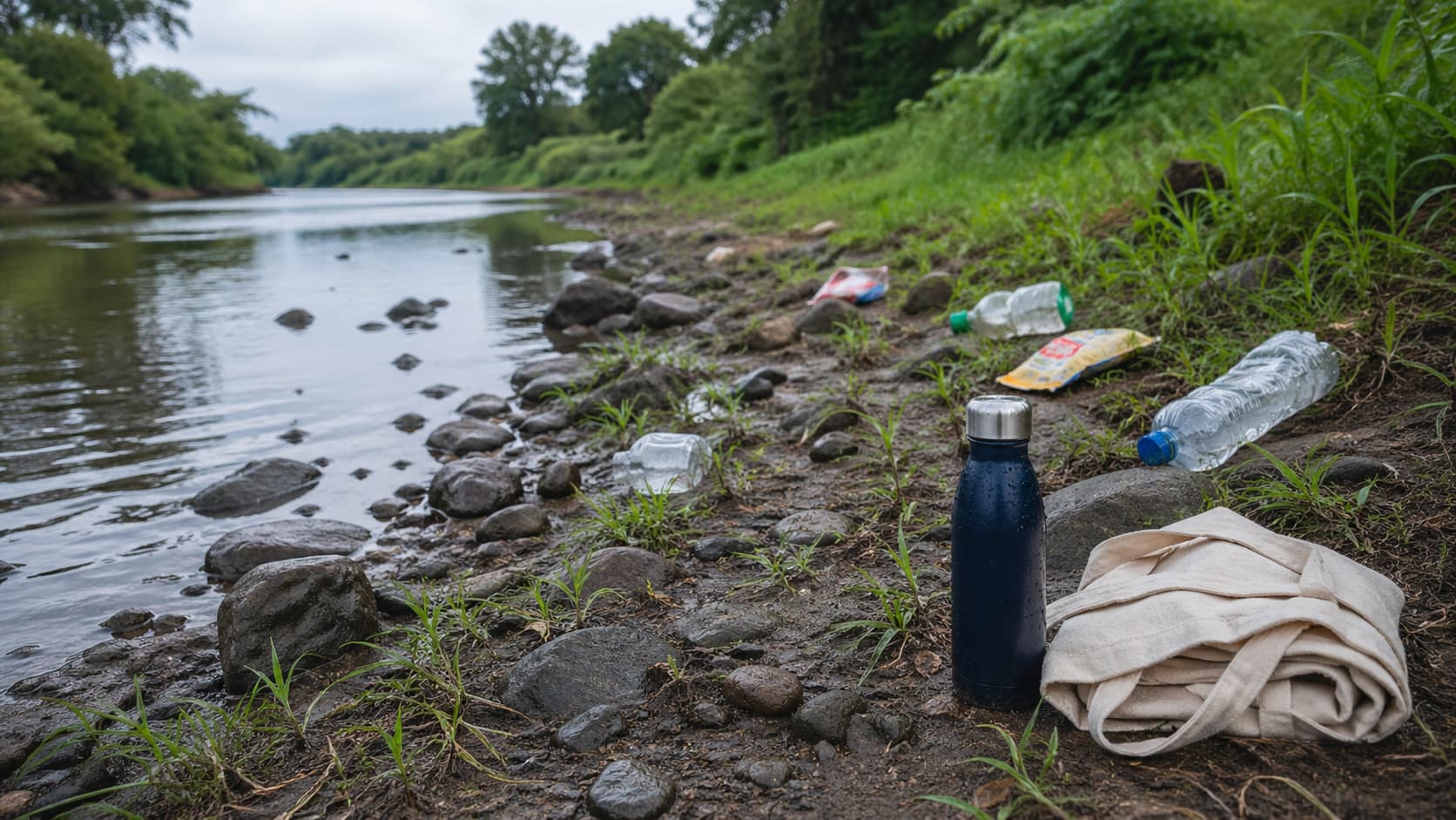 Sampah plastik di tepi sungai sebagai gambaran dampak plastik terhadap lingkungan dan saluran air