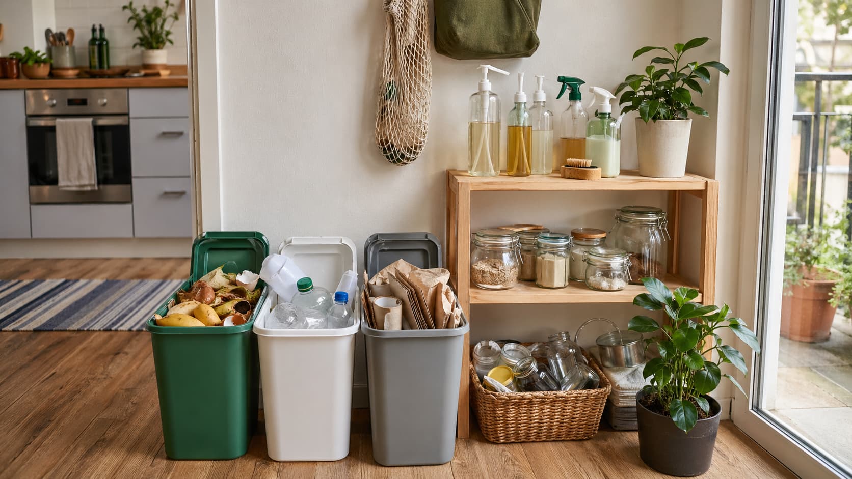 Sudut rumah zero waste dengan tempat sampah terpilah, botol isi ulang, wadah pakai ulang, dan tanaman indoor