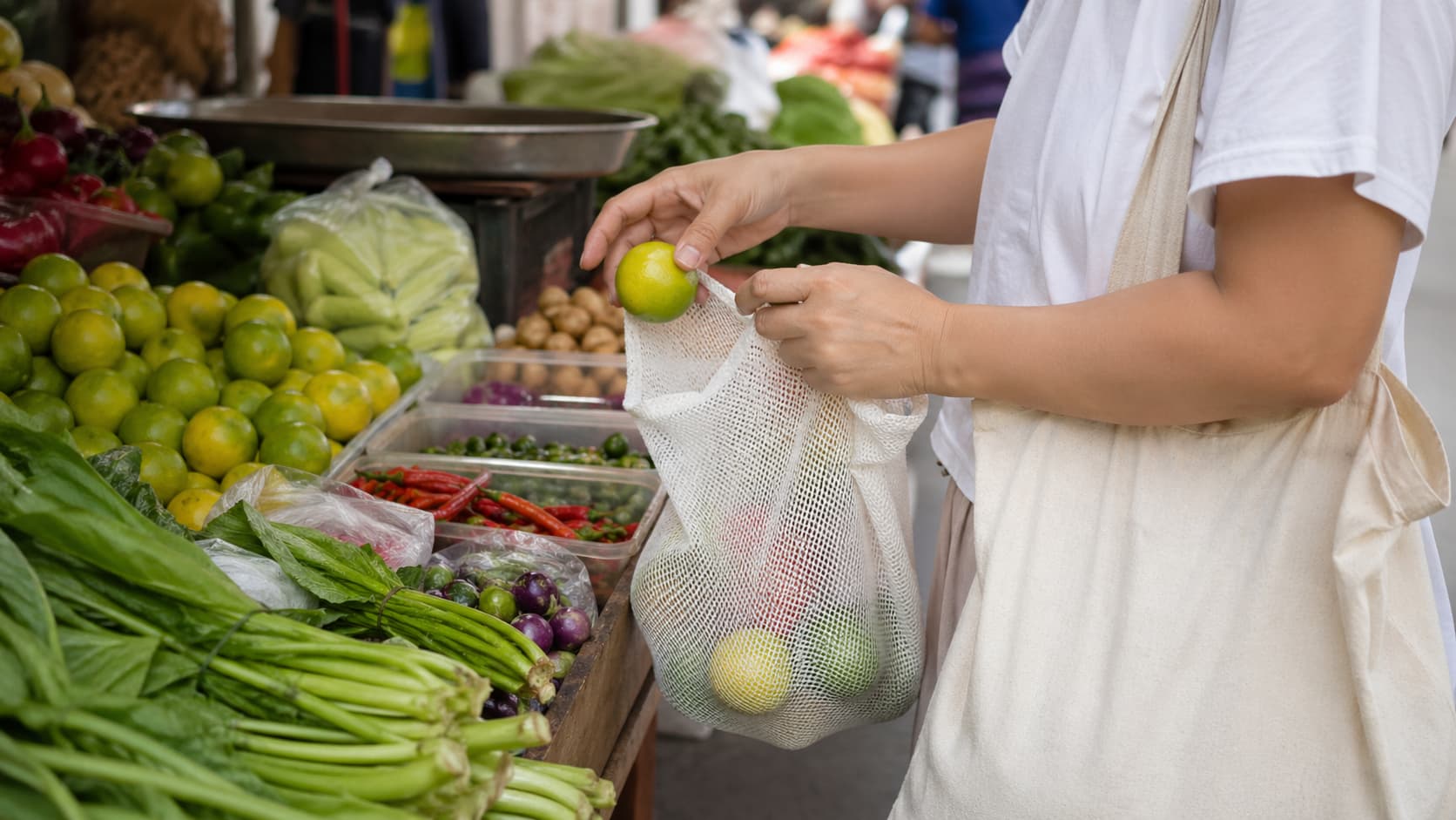 Belanja di pasar dengan tas kain dan kantong jaring pakai ulang sebagai pengganti kantong plastik