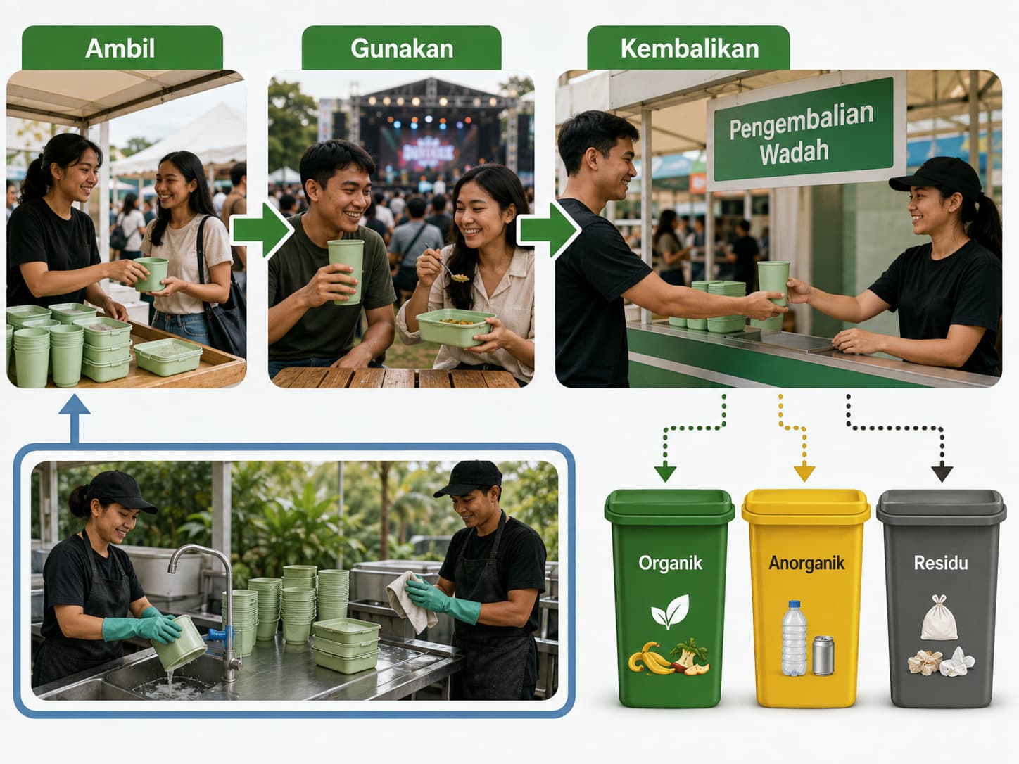 Alur pengambilan, penggunaan, pengembalian wadah guna ulang, dan pemilahan sampah saat acara