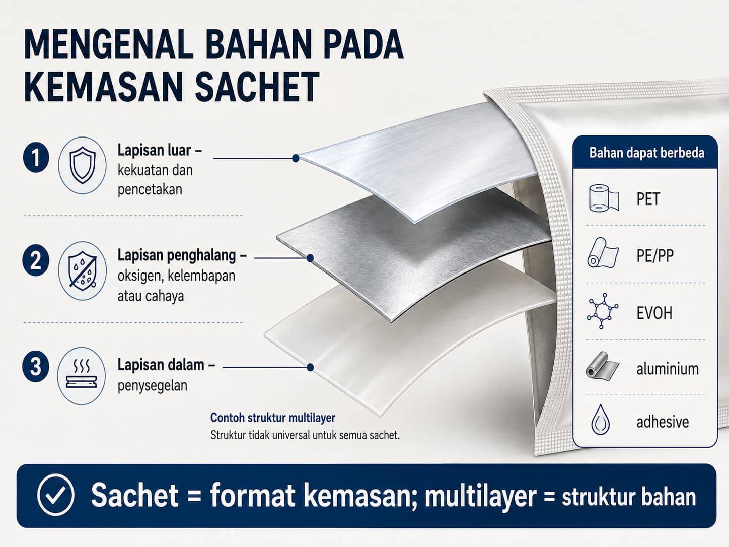 Struktur plastik multilayer dengan lapisan yang memiliki fungsi perlindungan, penyegelan dan penghalang
