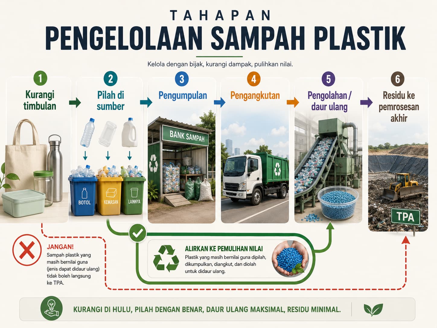 Tahapan pengelolaan sampah plastik dari pengurangan dan pemilahan hingga daur ulang dan pemrosesan residu